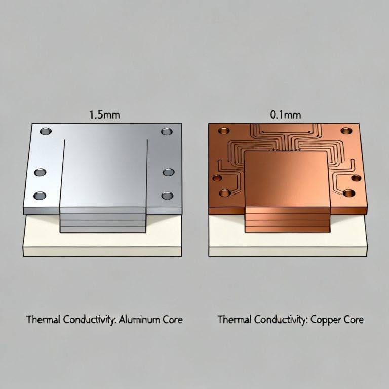 Metal Core PCB MCPCB Guide Aluminum Copper Base diagram comparing thermal conductivity, dielectric insulation layers, and heavy copper circuit traces