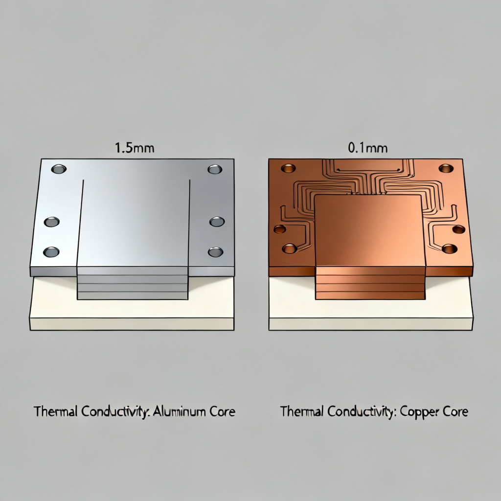 Metal Core PCB MCPCB Guide Aluminum Copper Base diagram comparing thermal conductivity, dielectric insulation layers, and heavy copper circuit traces