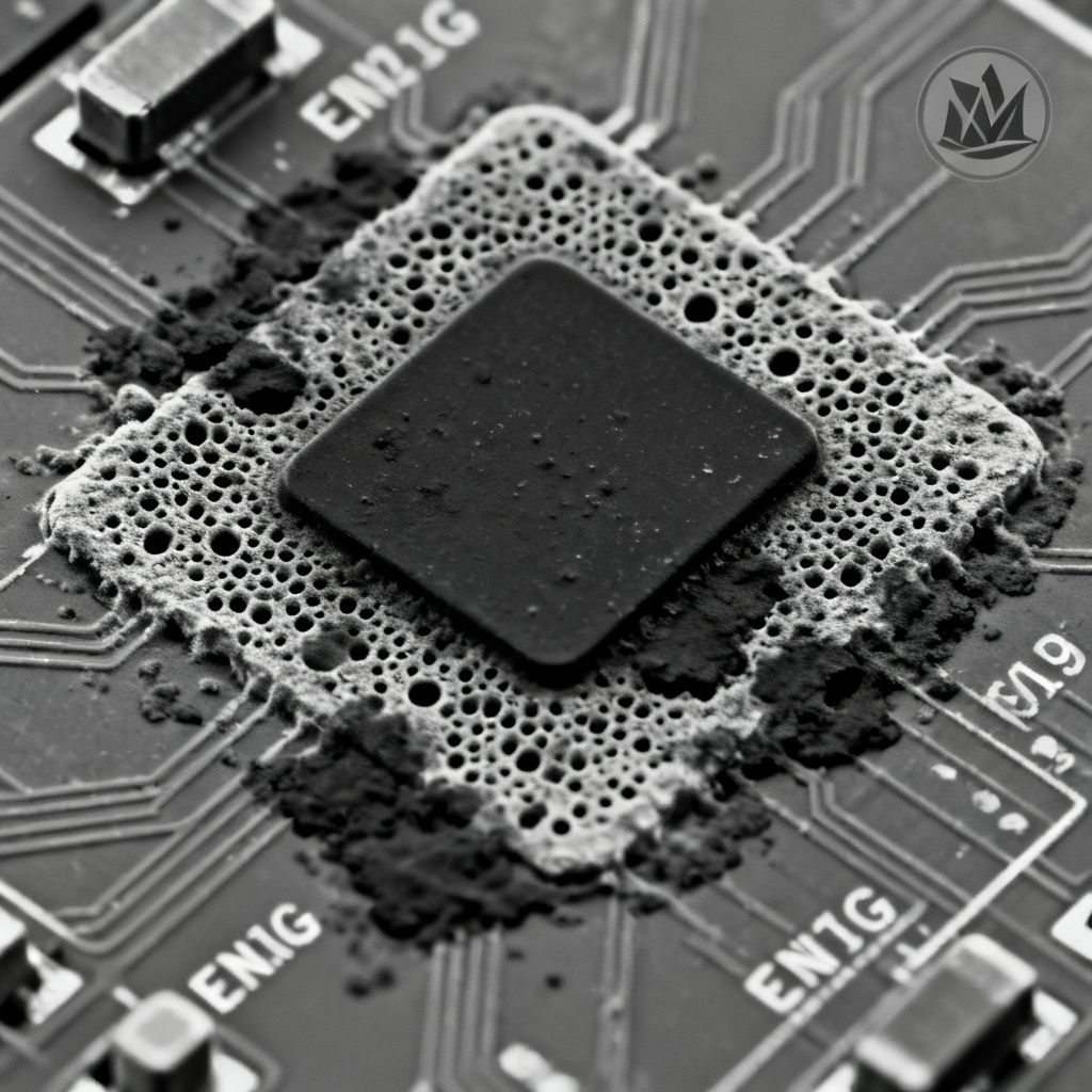 Black pad defect in ENIG PCB surface finish under microscope showing nickel corrosion