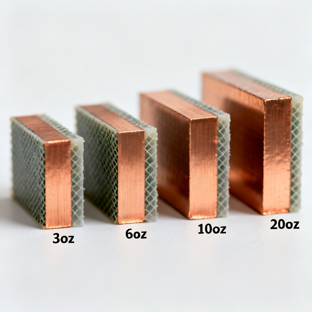 Copper weight comparison showing 3oz 6oz 10oz and 20oz copper foil thickness on PCB