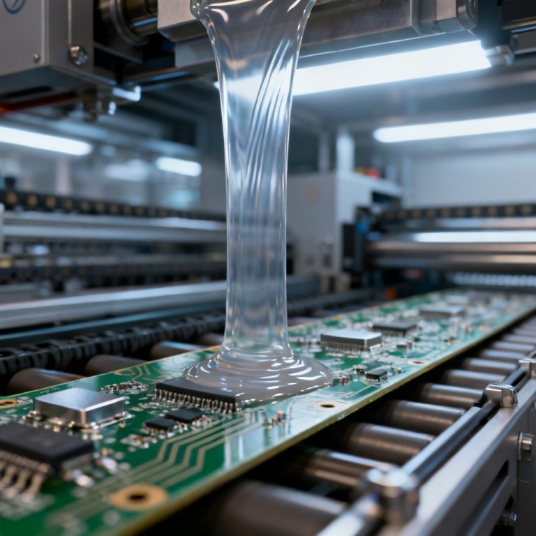 Solder Mask Application LPI Spray and Curtain manufacturing line showing automated curtain coating head dispensing liquid epoxy resin on a moving PCB panel