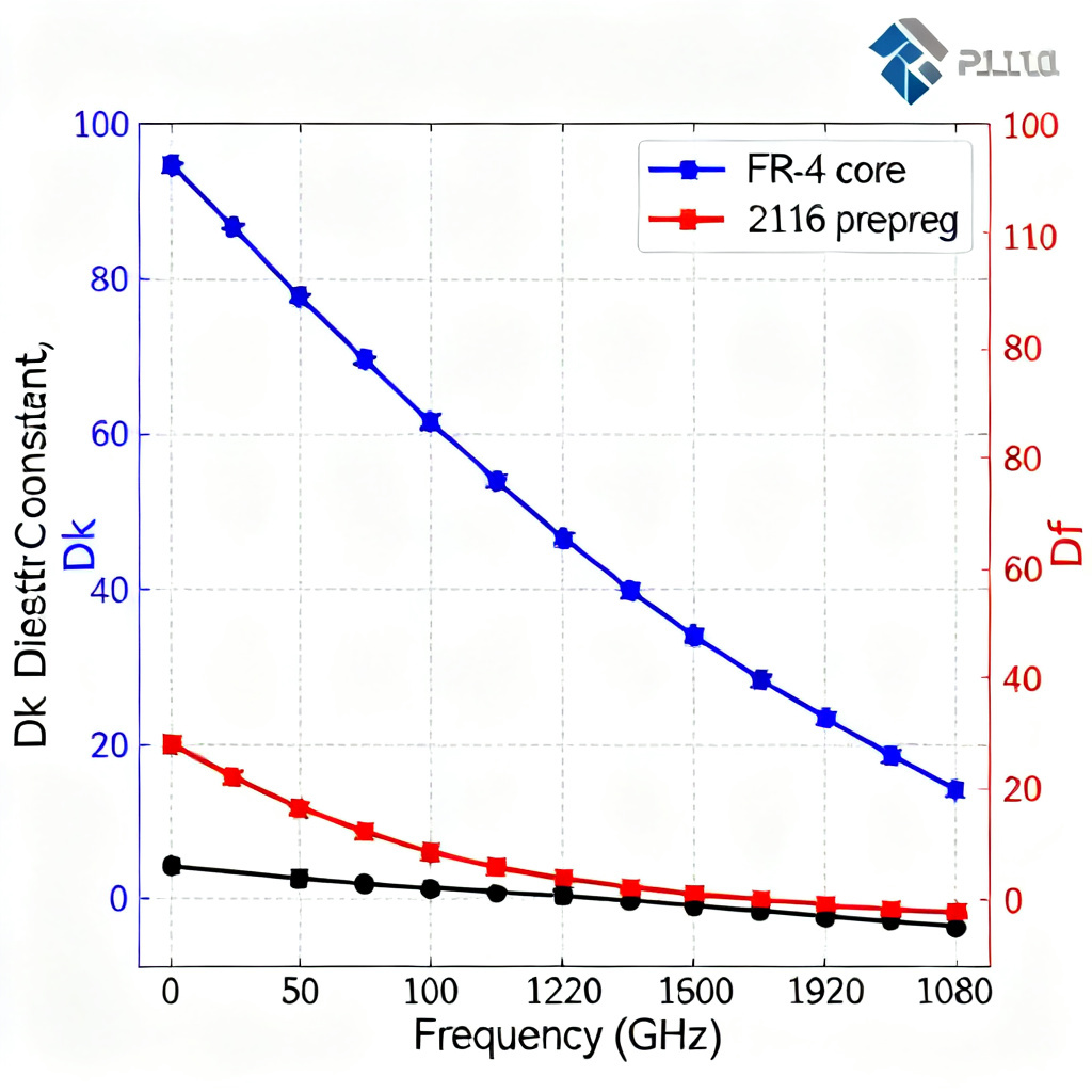 Dk and Df frequency chart for prepreg and core materials showing dielectric constant vs frequency