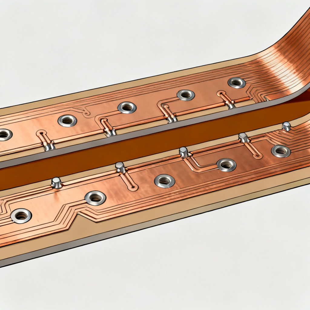 Double layer flexible PCB cross section with vias and coverlay layers