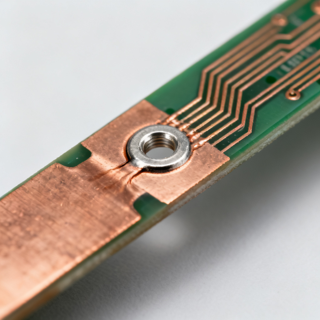 Double-sided rigid PCB via connection showing plated through-hole