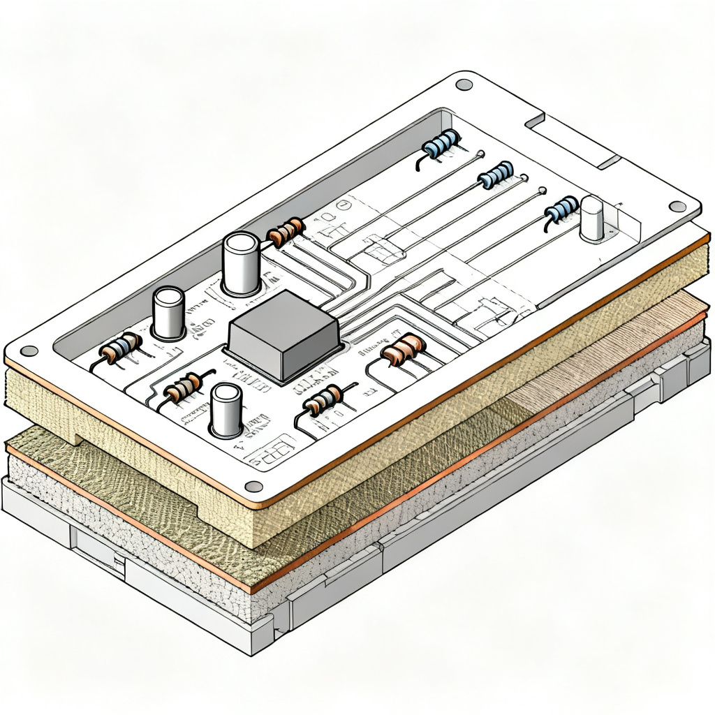 Embedded component PCB manufacturing process showing component integration within PCB layers
