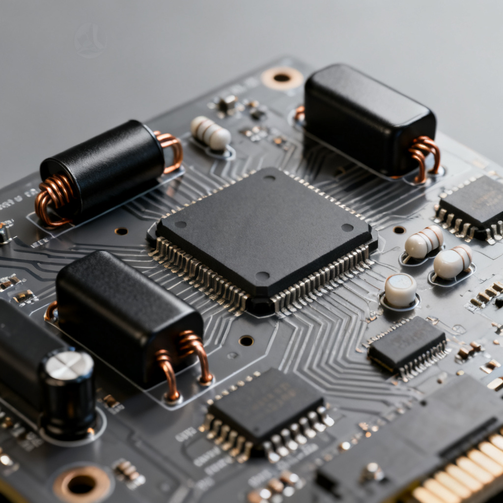 EMI control on PCB showing shielding cans and ferrite beads