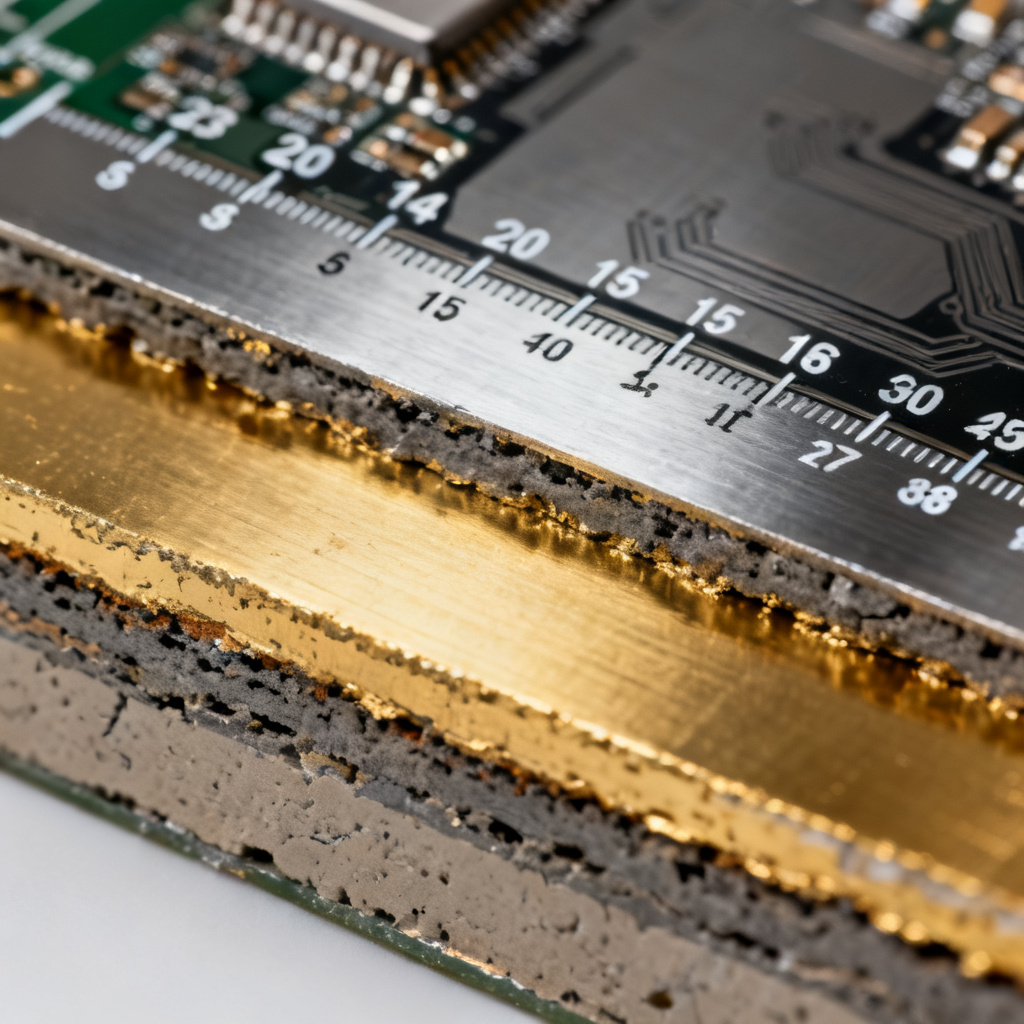 ENIG gold and nickel PCB surface finish under microscope showing flat uniform layer