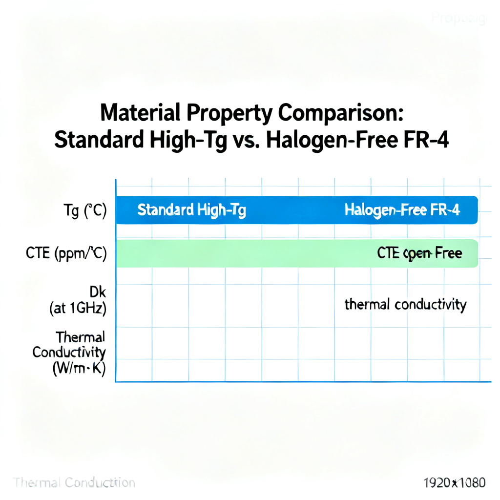 FR-4 material properties comparison table chart for Standard High-Tg and Halogen-Free