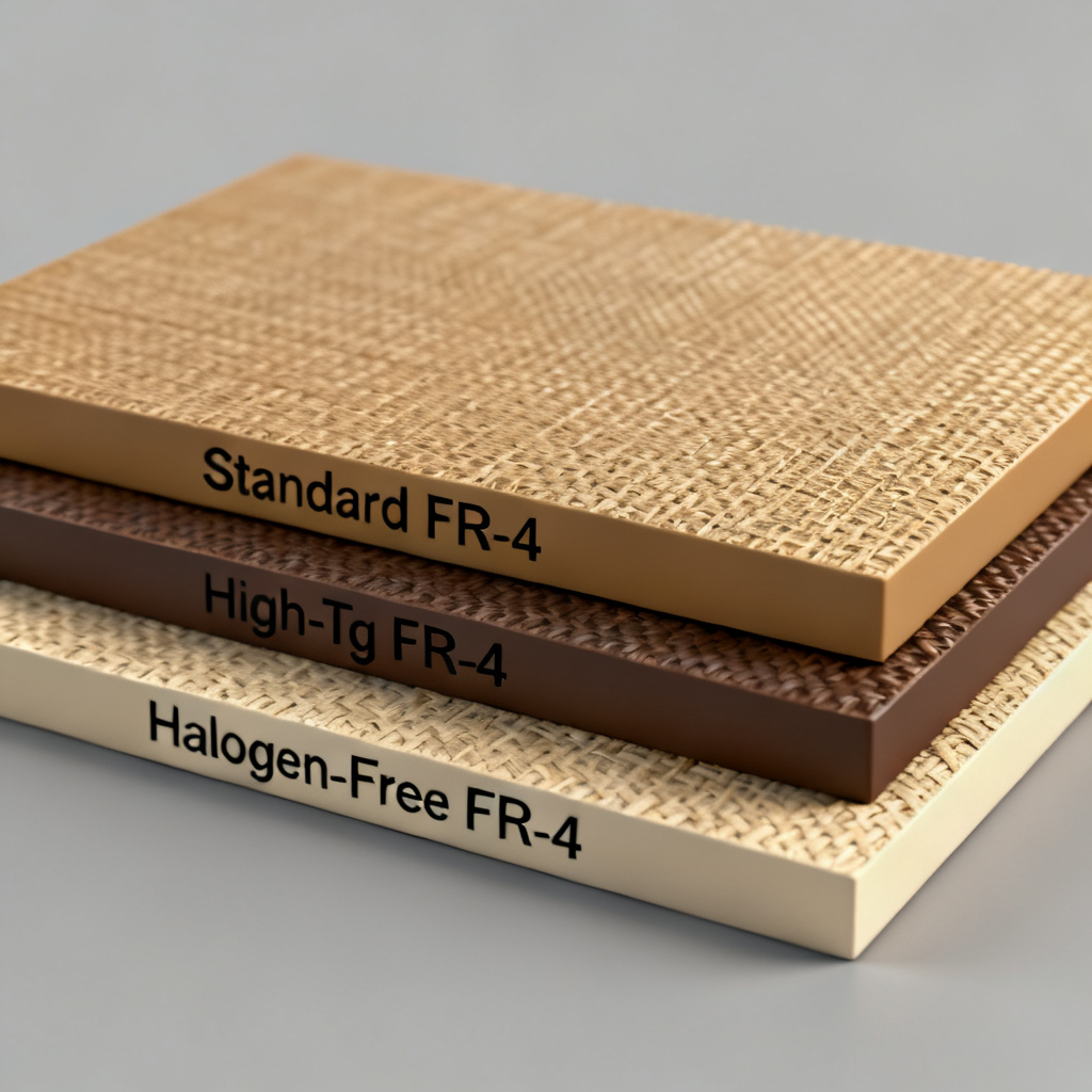FR-4 Materials types comparison showing Standard High-Tg and Halogen-Free laminates