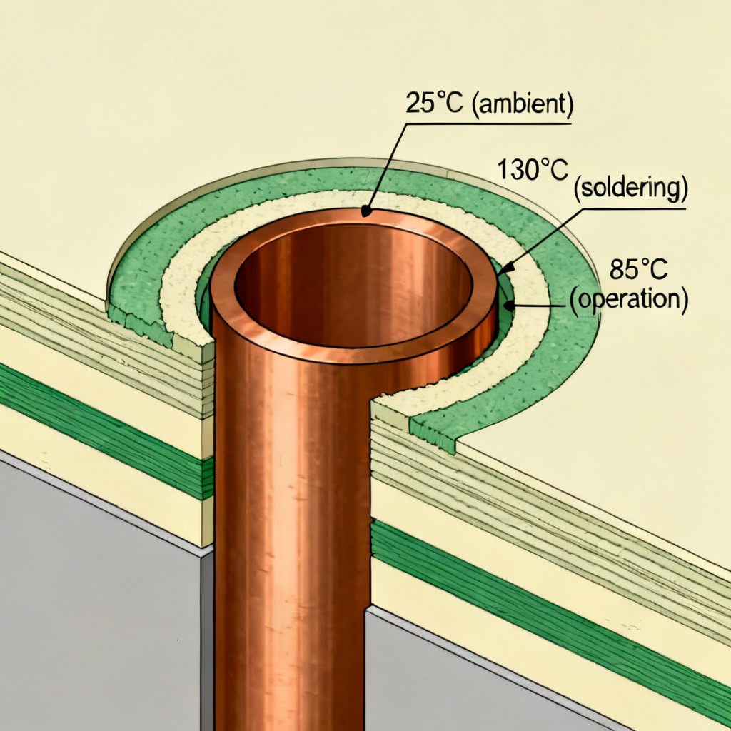 Glass Transition Temperature Tg thermal reliability PCB cross-section showing PTH barrel