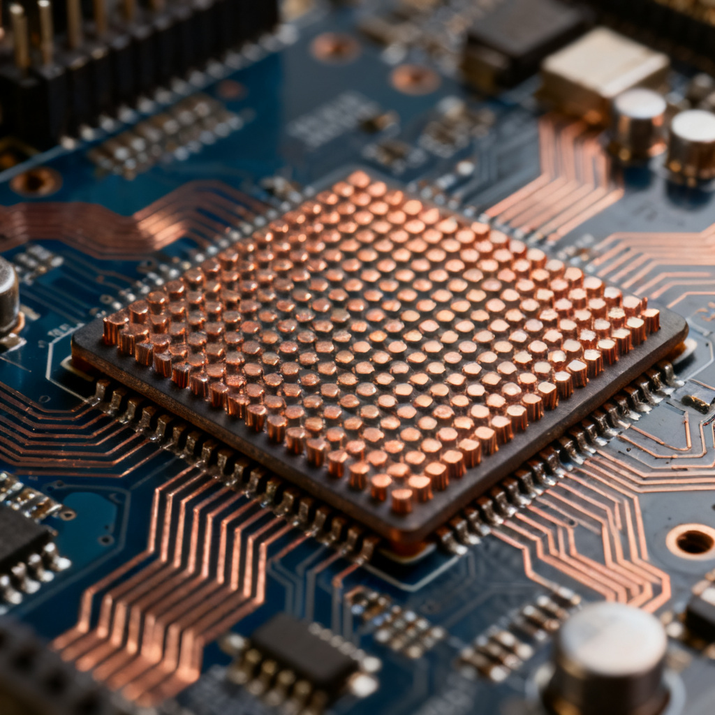 Close-up of HDI PCB with laser-drilled microvias and fine-pitch BGA