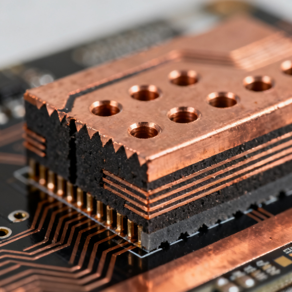 PCB Type Comparison Rigid vs Flex HDI vs Standard manufacturing diagram displaying a laser-drilled microvia closeup on a high-density interconnect board substrate