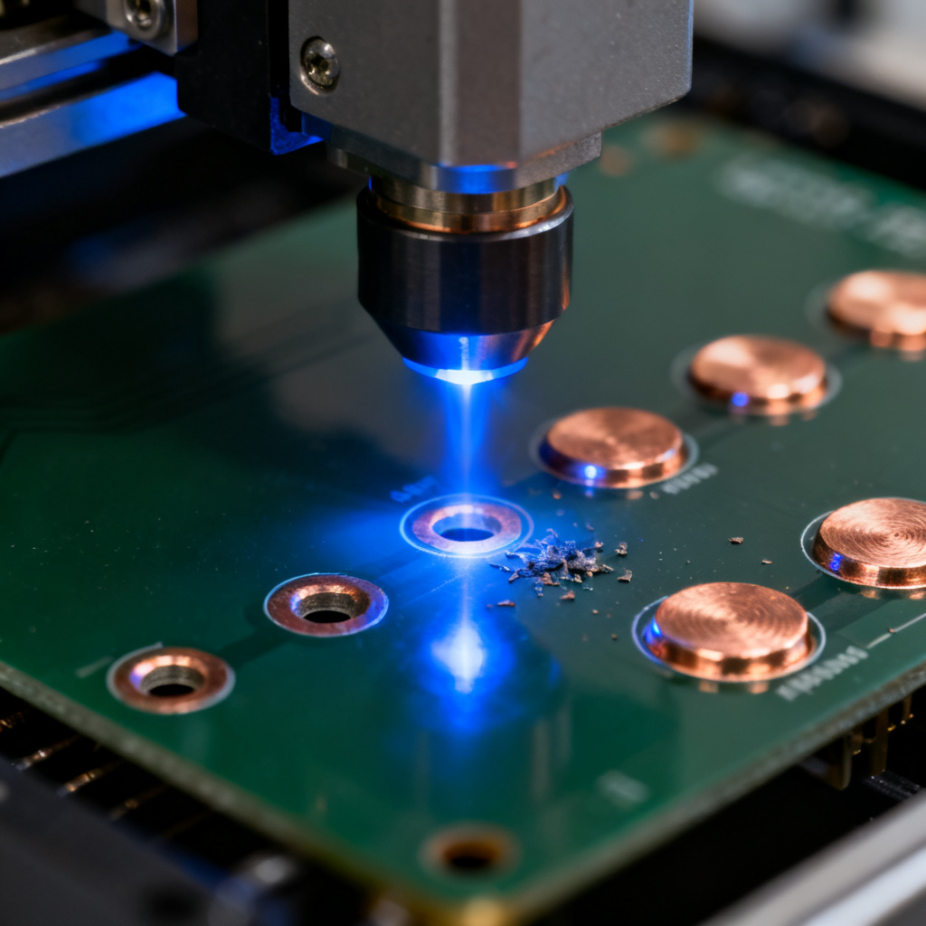 HDI PCB Guide Microvias Stackup and Manufacturing process showing automated CO2 laser drilling of blind microvias on a multilayer sequential lamination substrate