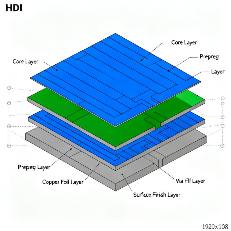 HDI Manufacturing Microvia Fill and Lay up engineering diagram showing sequential lamination stackup design with copper-filled blind microvias and ultra-thin dielectrics