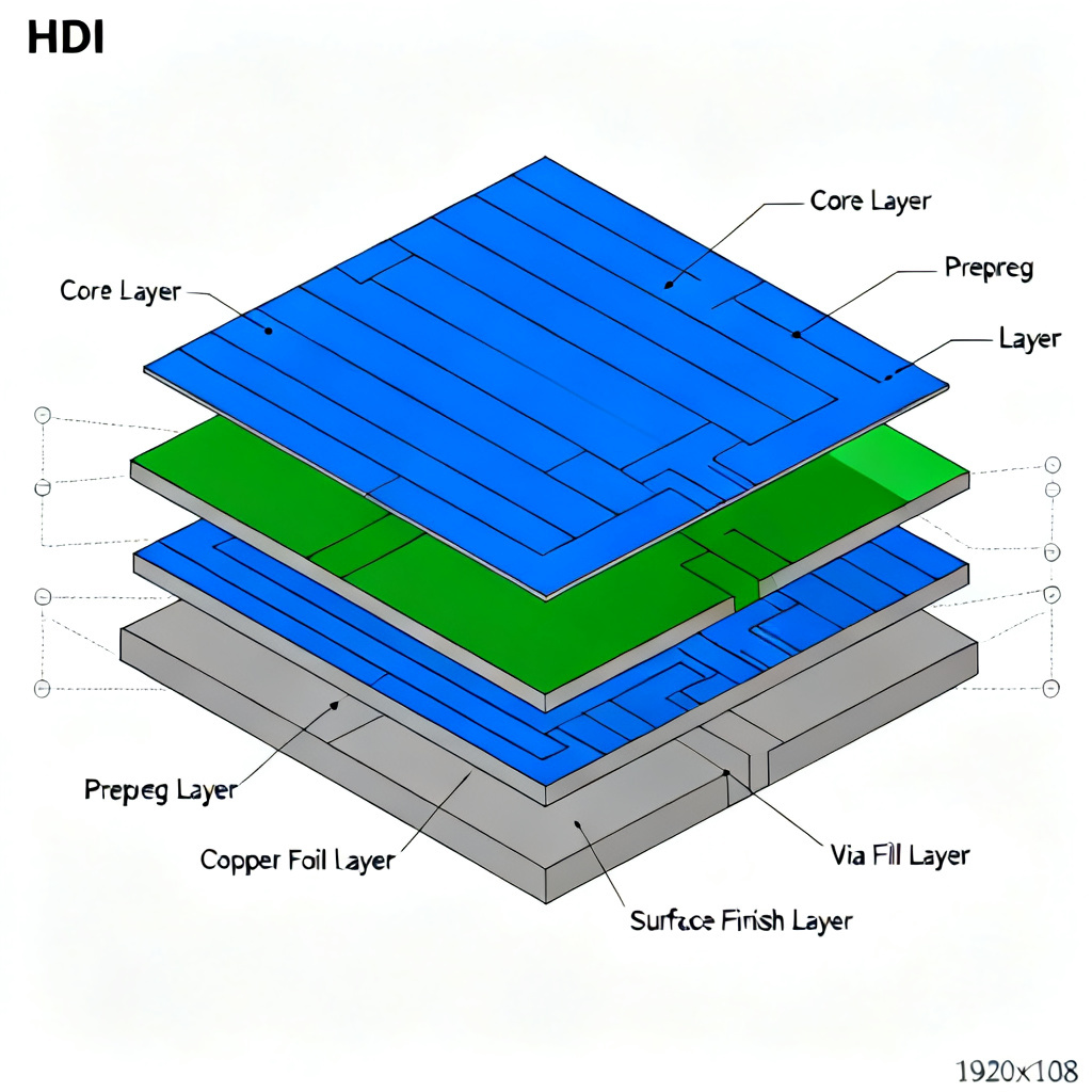 HDI Manufacturing Microvia Fill and Lay up engineering diagram showing sequential lamination stackup design with copper-filled blind microvias and ultra-thin dielectrics