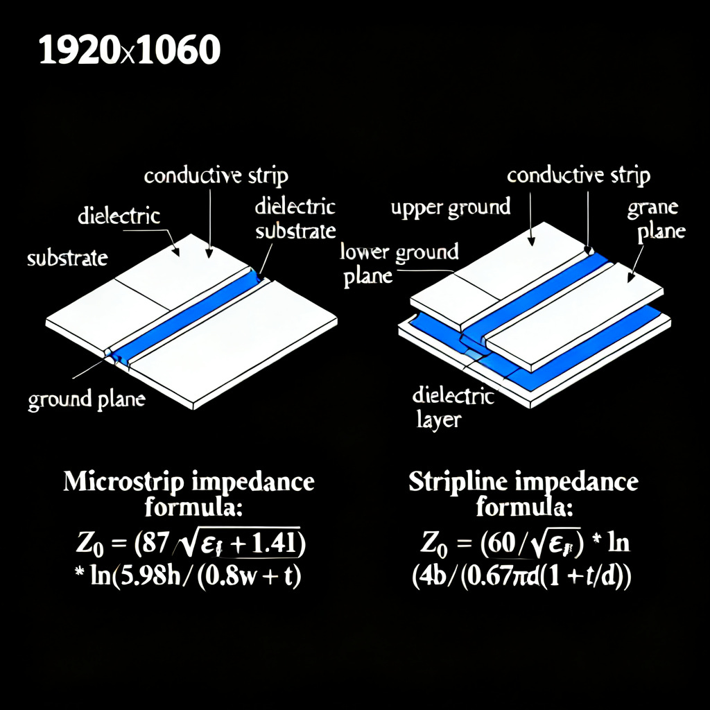 High-frequency PCB impedance control diagram showing microstrip and stripline