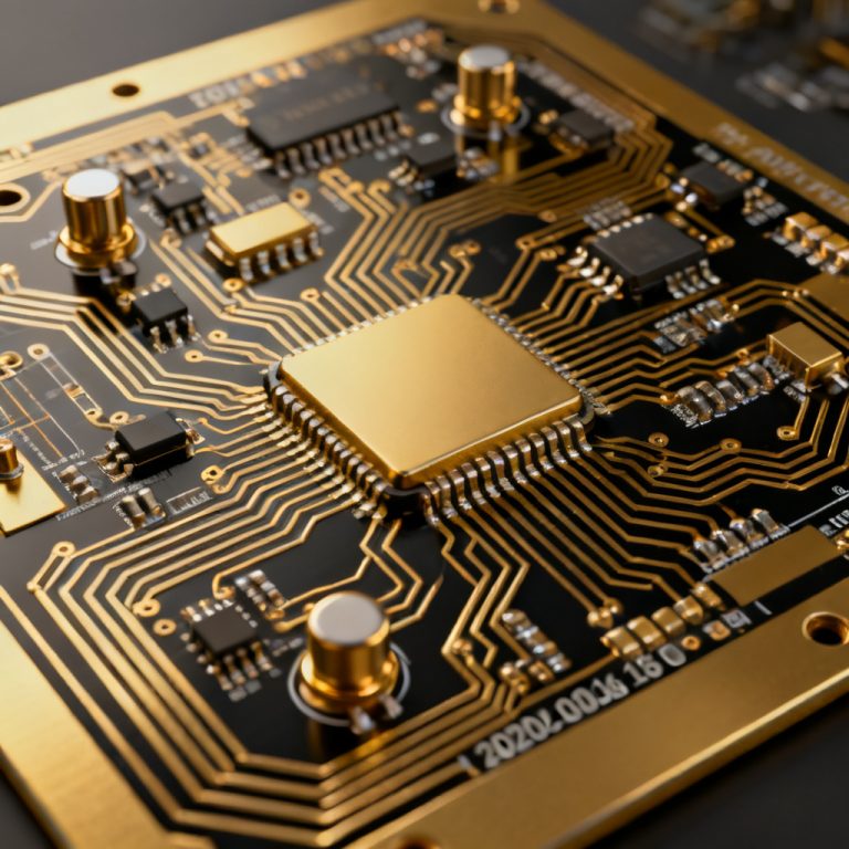 High Frequency PCB Guide Materials Impedance RF Design featured cover image showcasing a multi-layer microstrip circuit board with advanced copper traces and microwave RF component