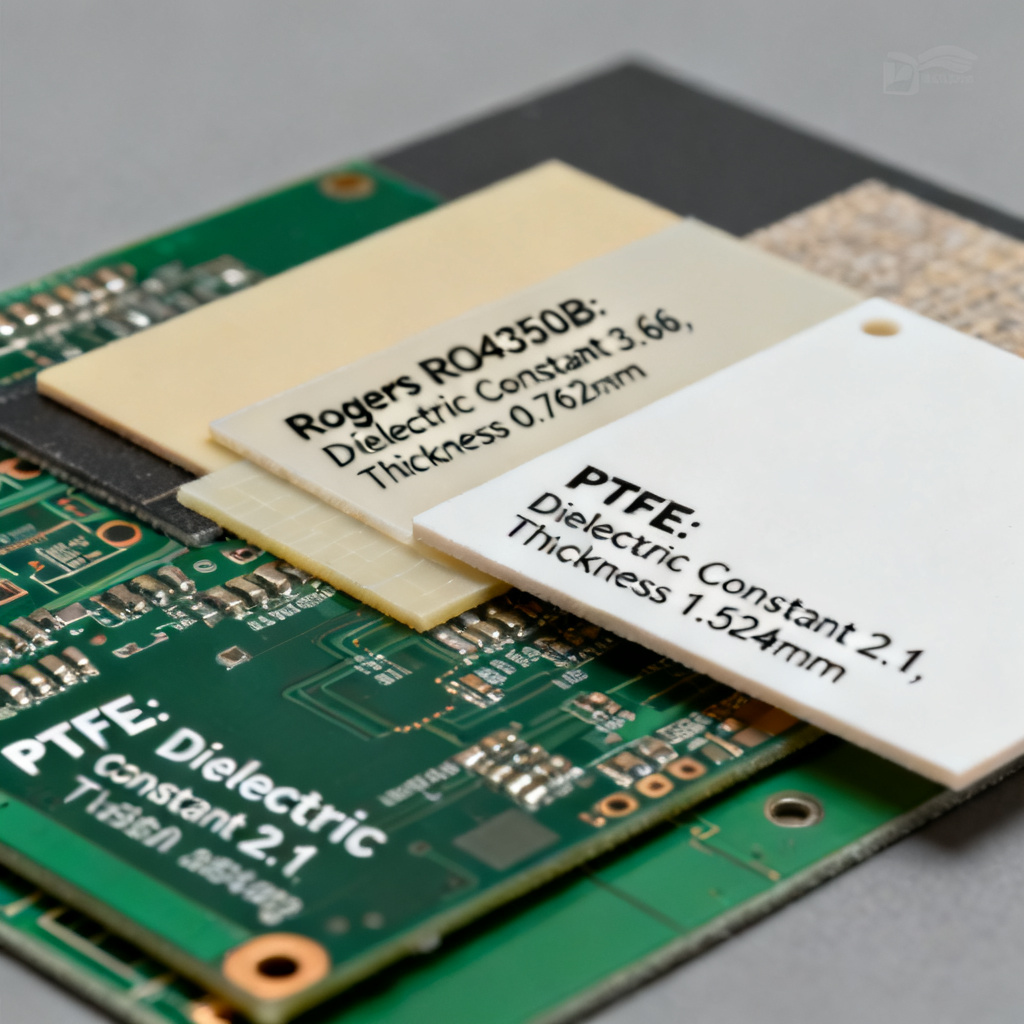 High-frequency PCB materials comparison showing Rogers and PTFE laminates