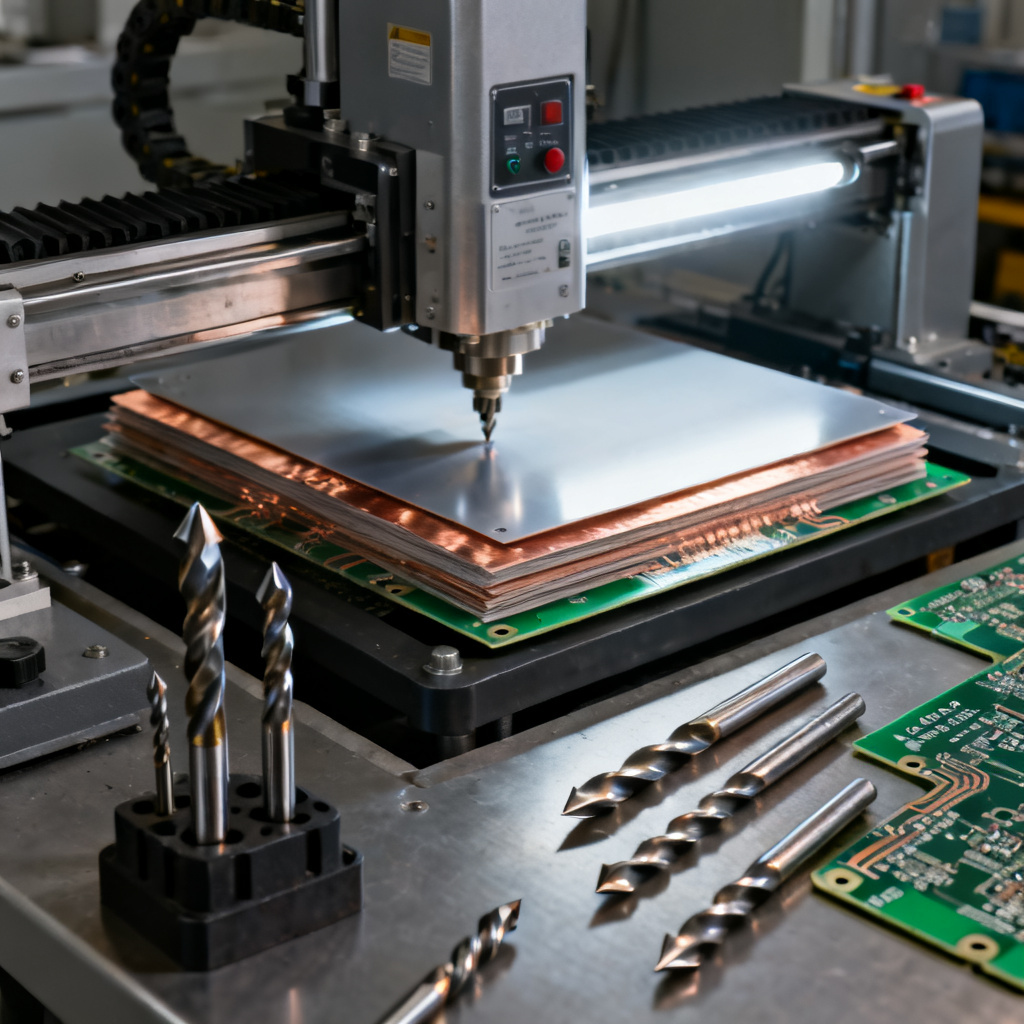 High-Tg FR-4 PCB manufacturing process showing lamination and drilling