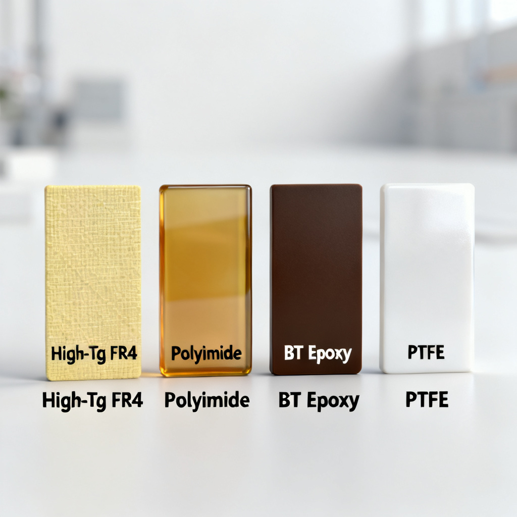 High‑Tg PCB material comparison table showing FR4 polyimide PTFE properties