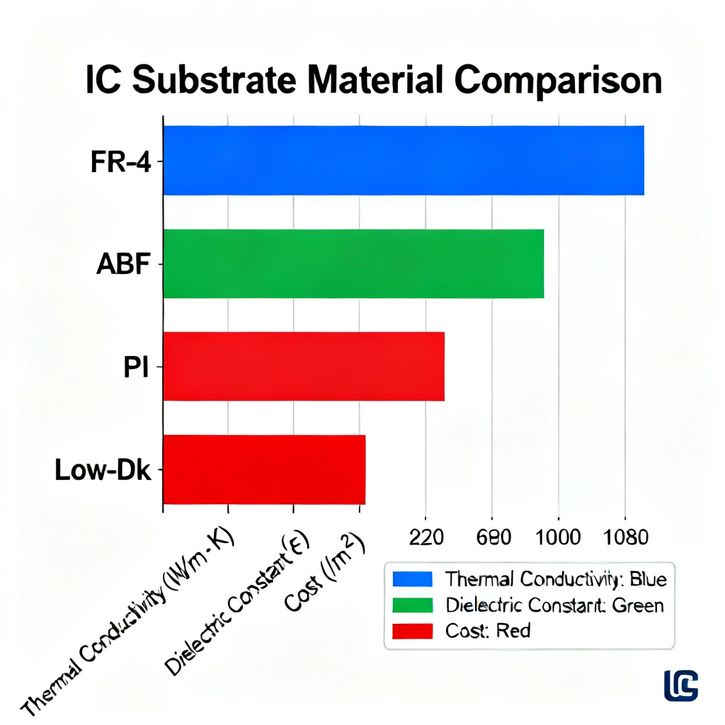 IC Substrate material comparison chart showing BT ABF ceramic and silicon interposer properties