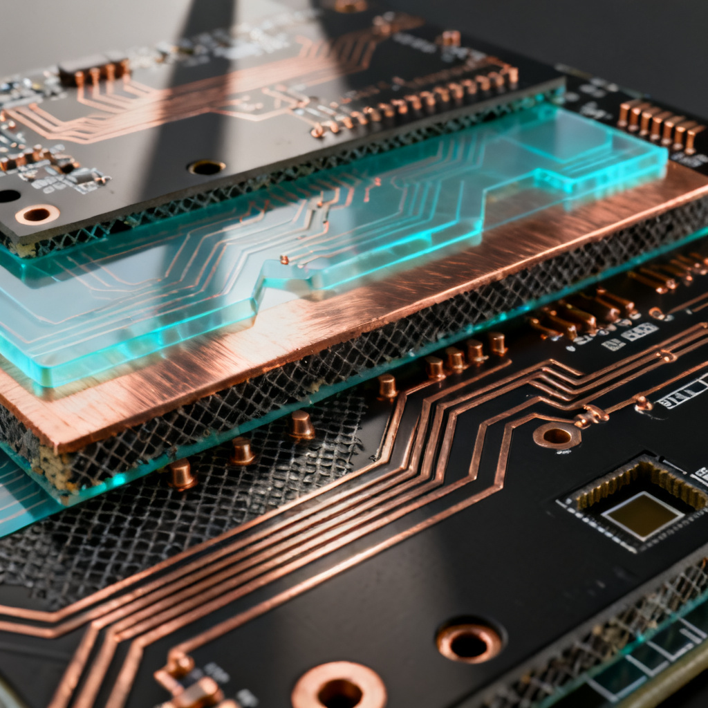Inner layer imaging and etching for multilayer PCBs overview showing copper traces and photoresist