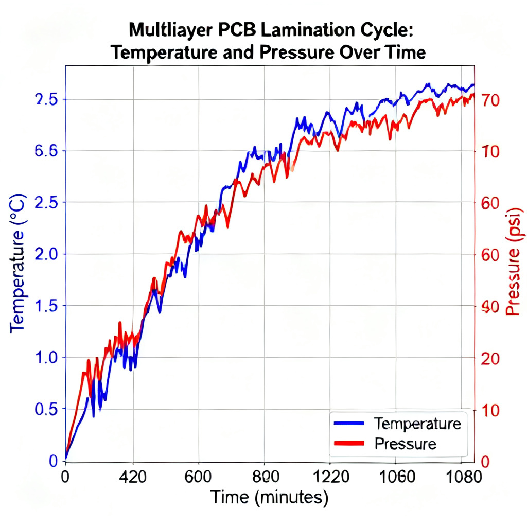 Lamination cycle temperature and pressure profile for multilayer PCBs