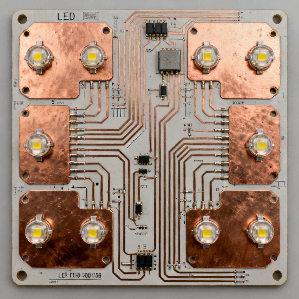LED PCB layout design showing copper pad trace routing and component placement for thermal management