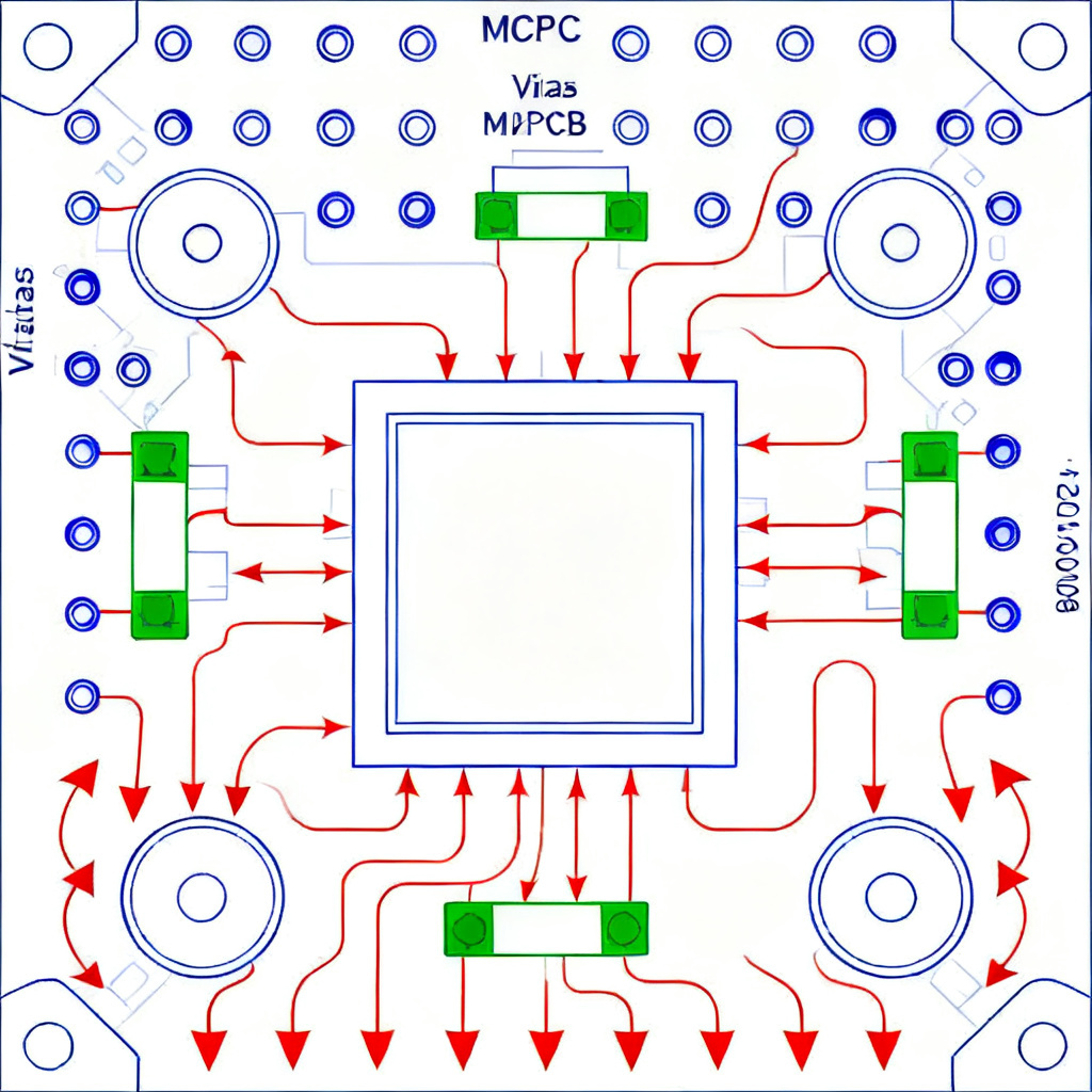 MCPCB design considerations showing thermal vias and component placement for optimal thermal management