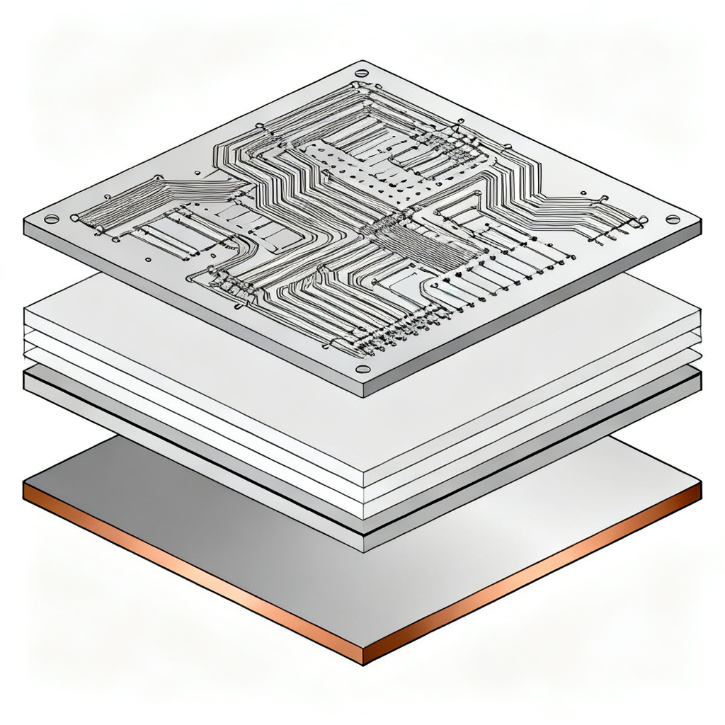 MCPCB layer structure diagram showing copper circuit dielectric and metal base layers