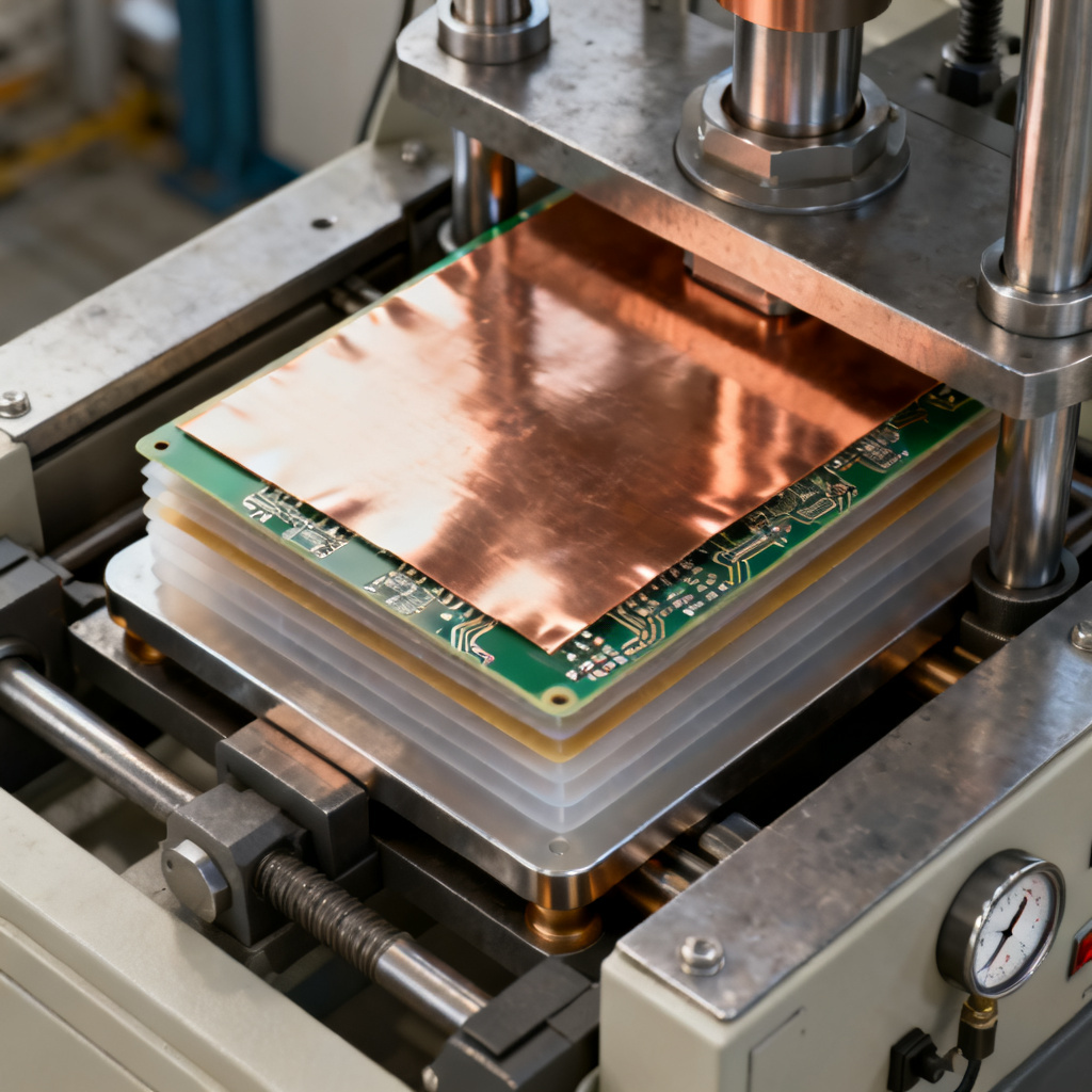 Multilayer PCB lamination process overview showing stacked layers and press machine