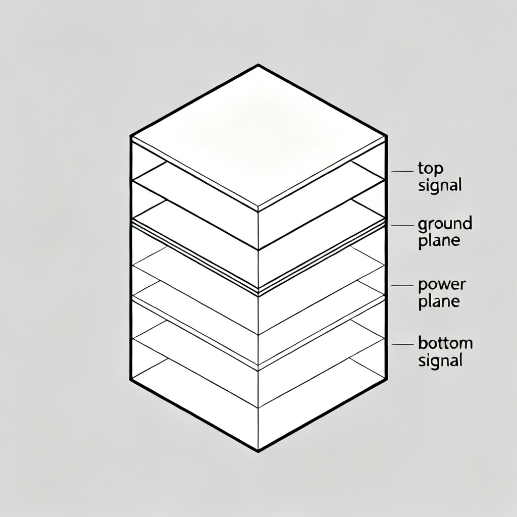 Multilayer rigid PCB stackup diagram showing four layer structure