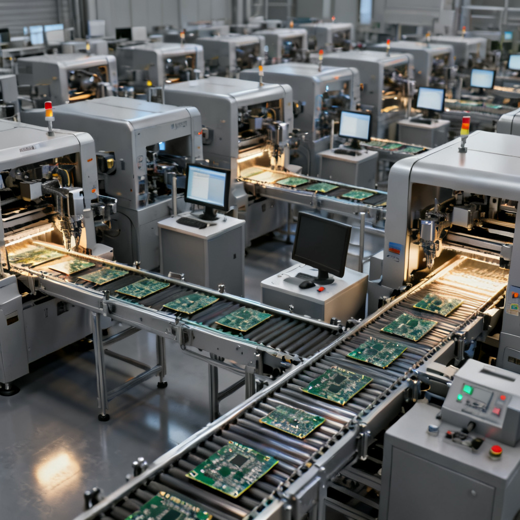 PCB assembly factory production line with automated SMT pick-and-place machines and quality control stations