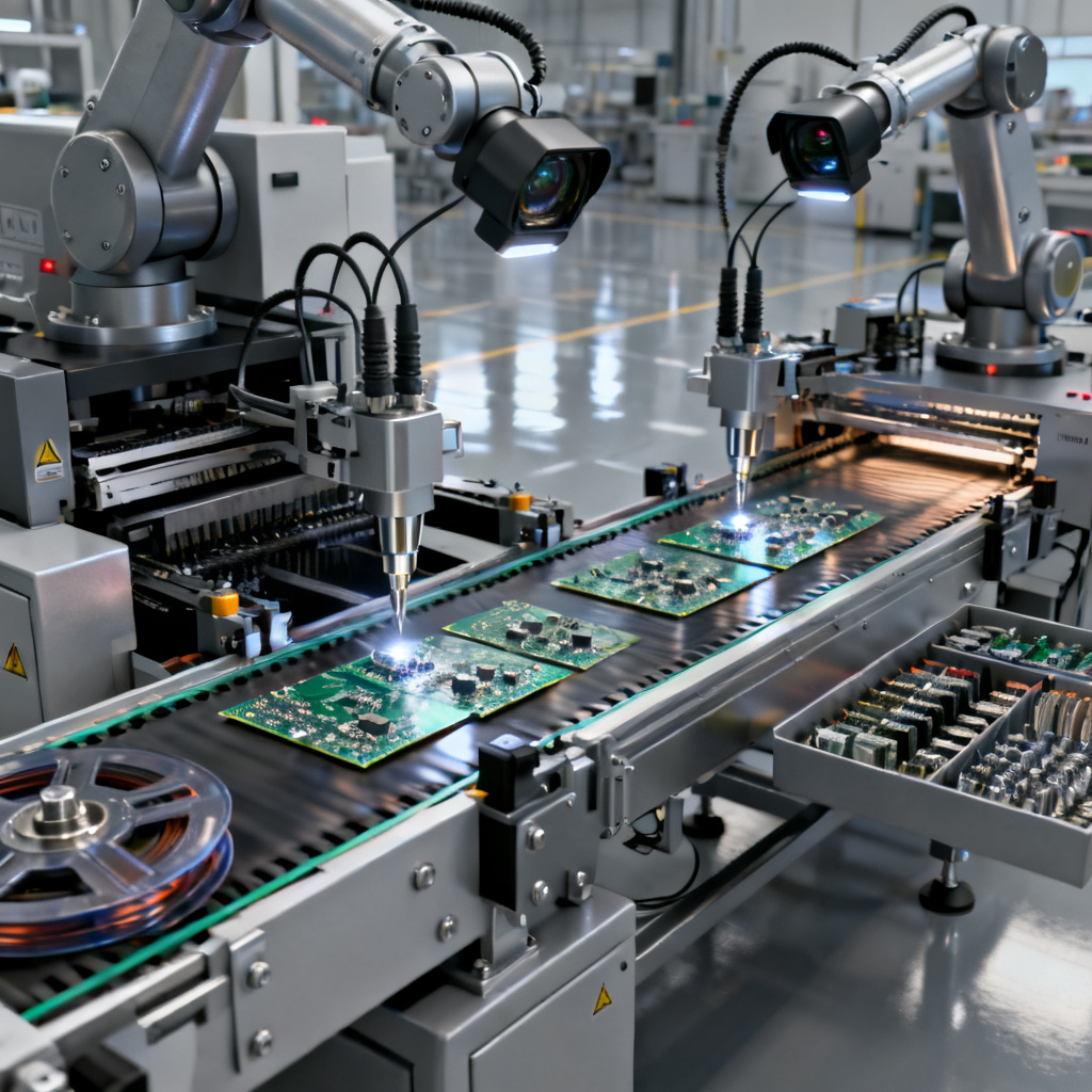 PCB Assembly PCBA SMT Through Hole Inspection overview showing multi-layer circuit card soldering line quality assurance, fine-pitch automated component placement, and IPC-A-610 compliance check