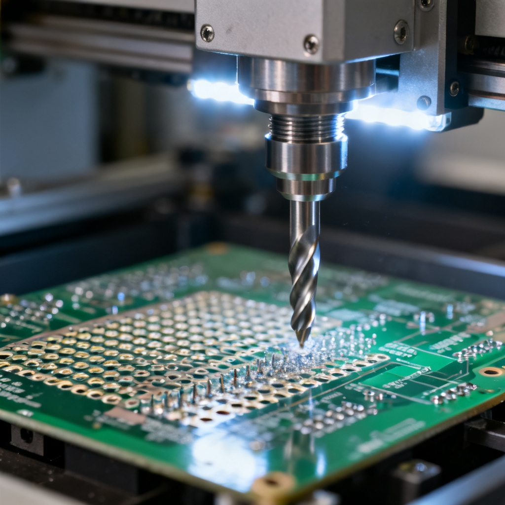 PCB drilling process with CNC machine creating microvias for interconnections