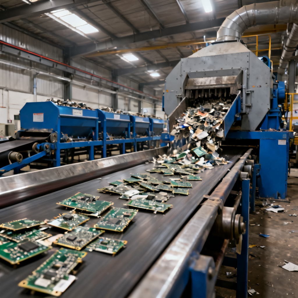 PCB e-waste recycling process with shredding and metal recovery systems