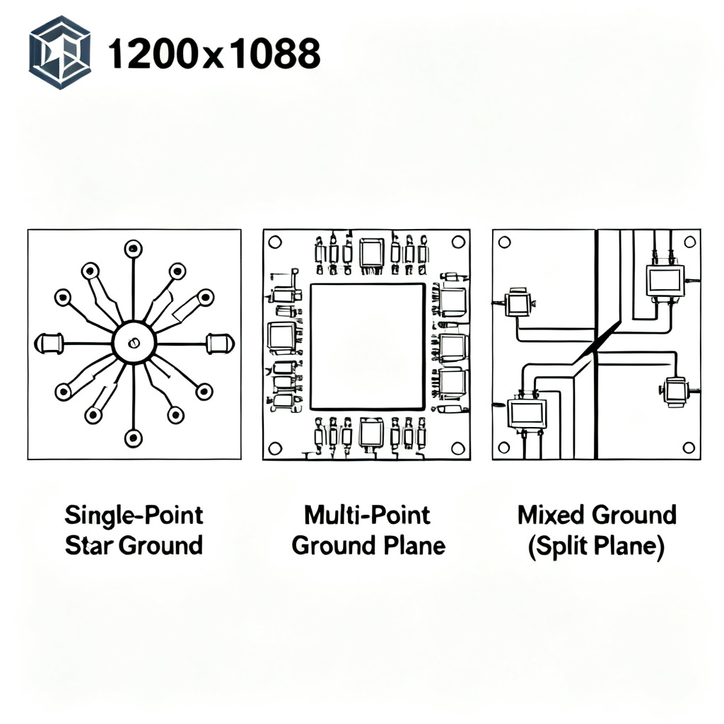 PCB grounding strategies overview diagram showing single-point multi-point and mixed grounding methods