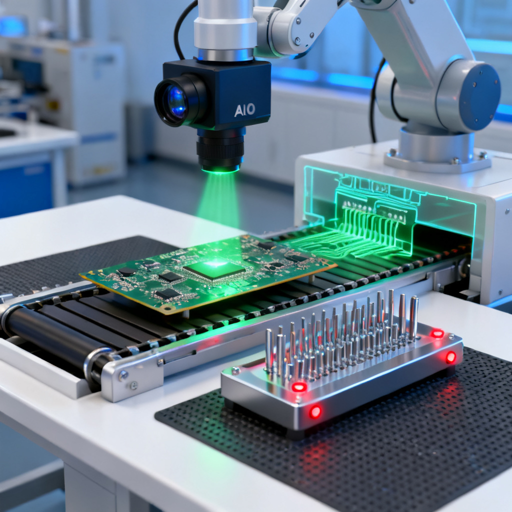 PCB inspection methods showing AOI machine, X-ray inspection system, and ICT fixture for quality control