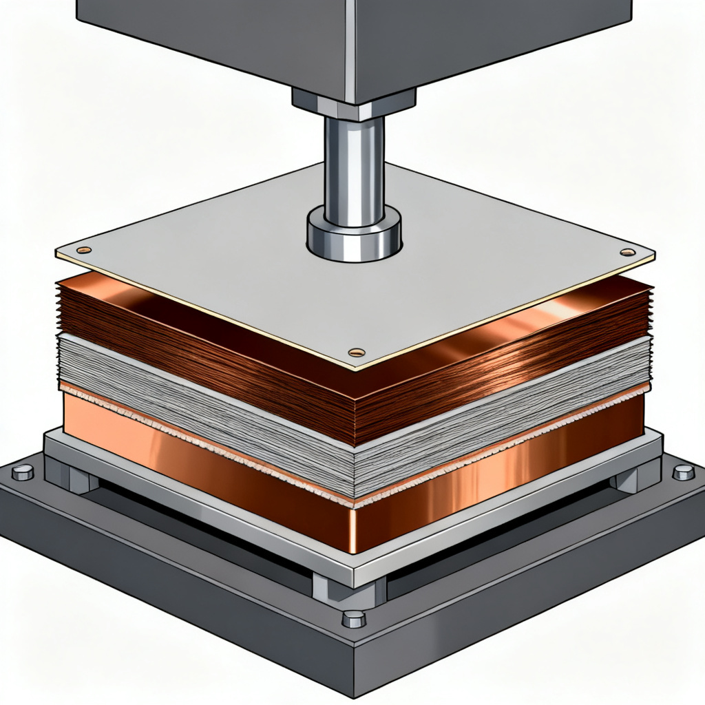 PCB lamination process showing prepreg and copper foil stack-up in hydraulic press
