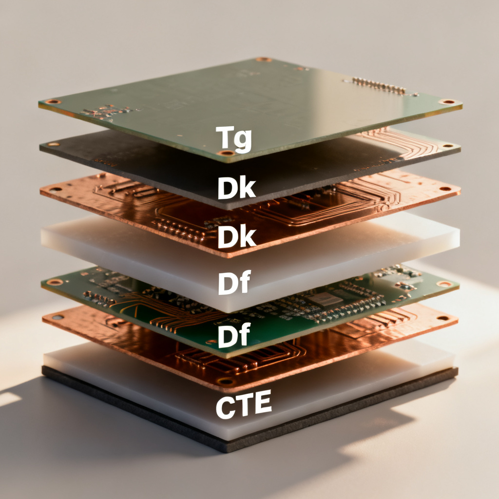 PCB Material Properties Database Tg Dk Df CTE hero banner showing laminate layers