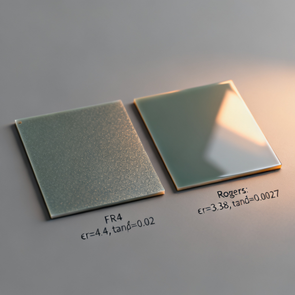 PCB material specifications for FR4 and Rogers laminates showing dielectric properties