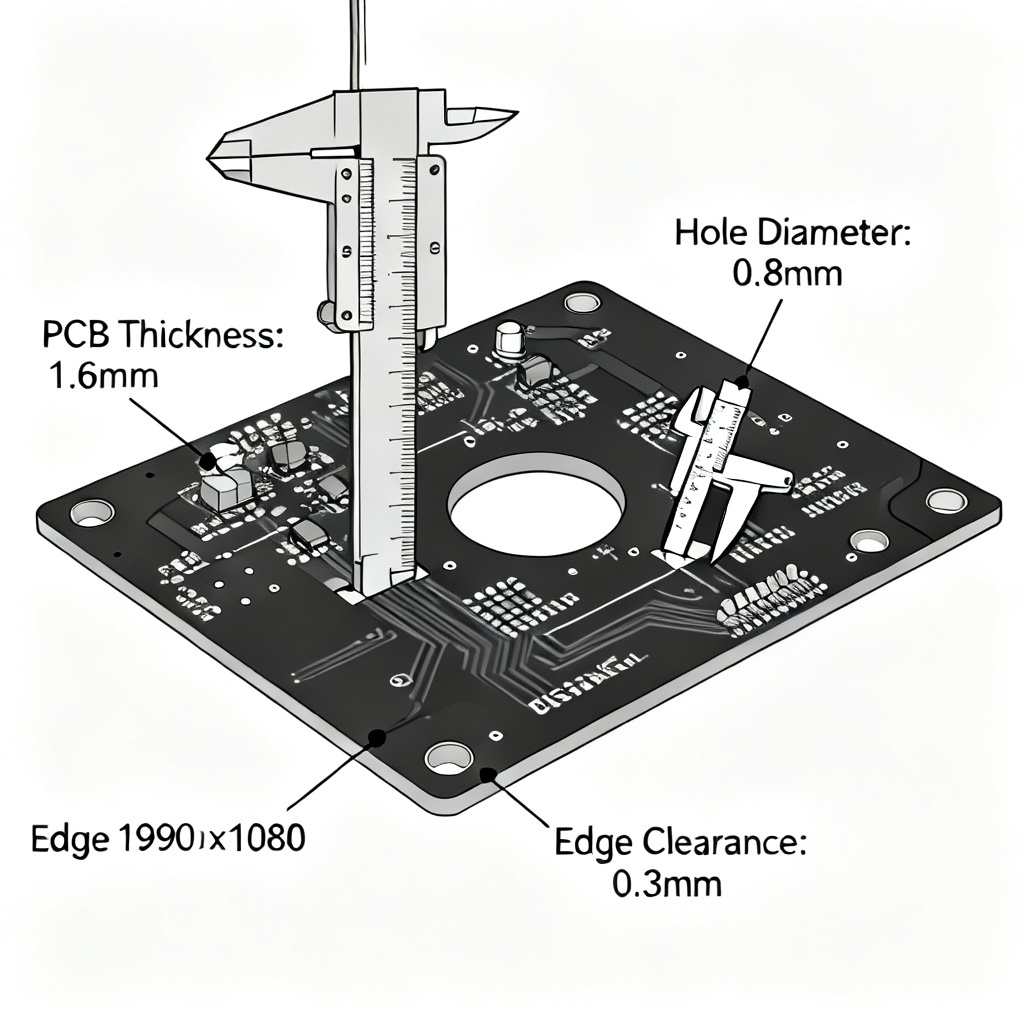 PCB physical dimensions and mechanical specifications including thickness and hole size