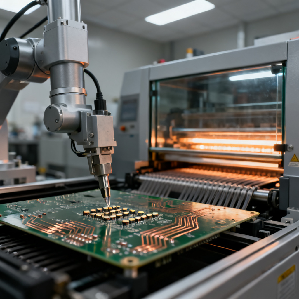 SMT assembly process with reflow soldering and component placement for DFA