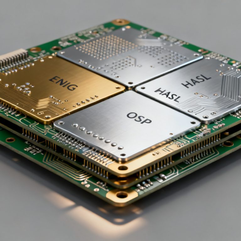 Advanced multi-layer board surface finish inspection featuring ENIG flat pad planarity and Immersion Silver circuit trace details according to IPC standards.