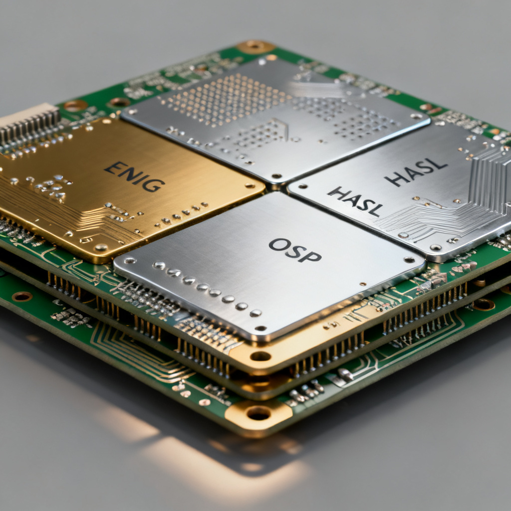 Advanced multi-layer board surface finish inspection featuring ENIG flat pad planarity and Immersion Silver circuit trace details according to IPC standards.