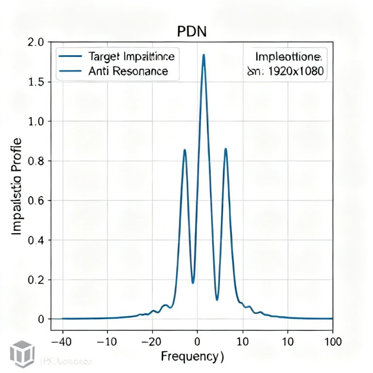 Power Integrity in PCB Design PDN Decoupling Ripple simulation plot illustrating target impedance curves, multilayer power distribution network stackup, and MLCC capacitor placement.
