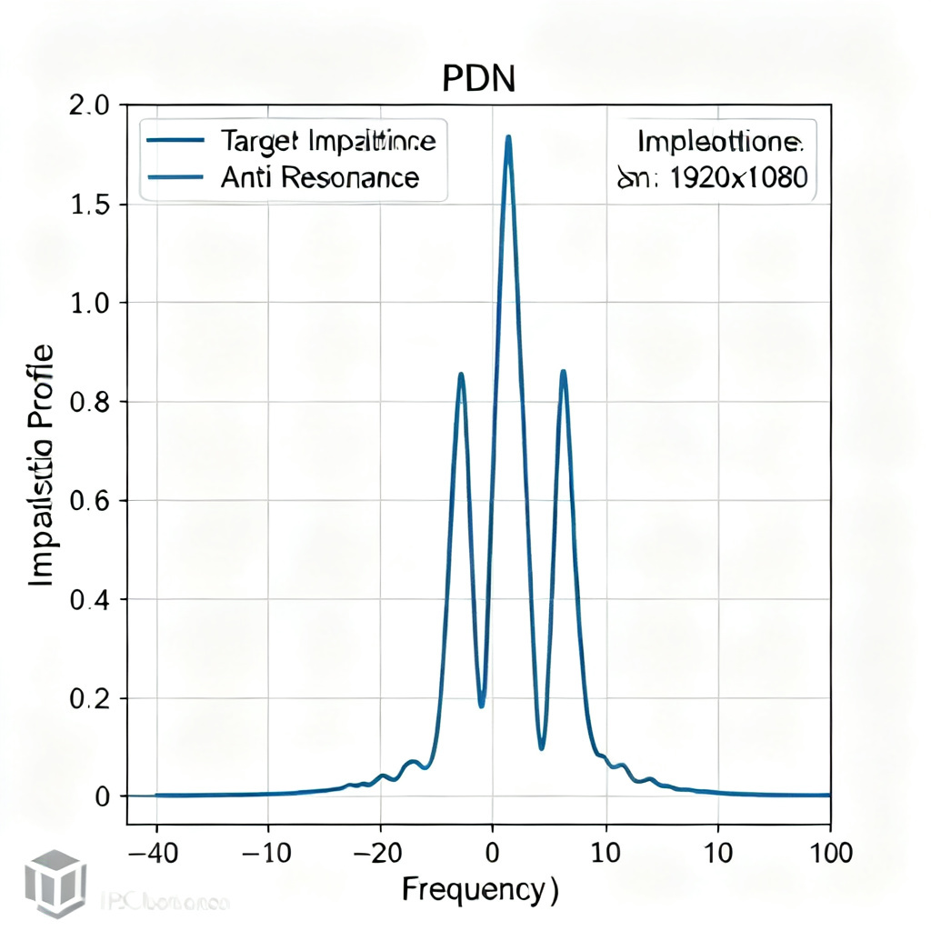 PDN impedance profile simulation showing target impedance and anti-resonance peaks