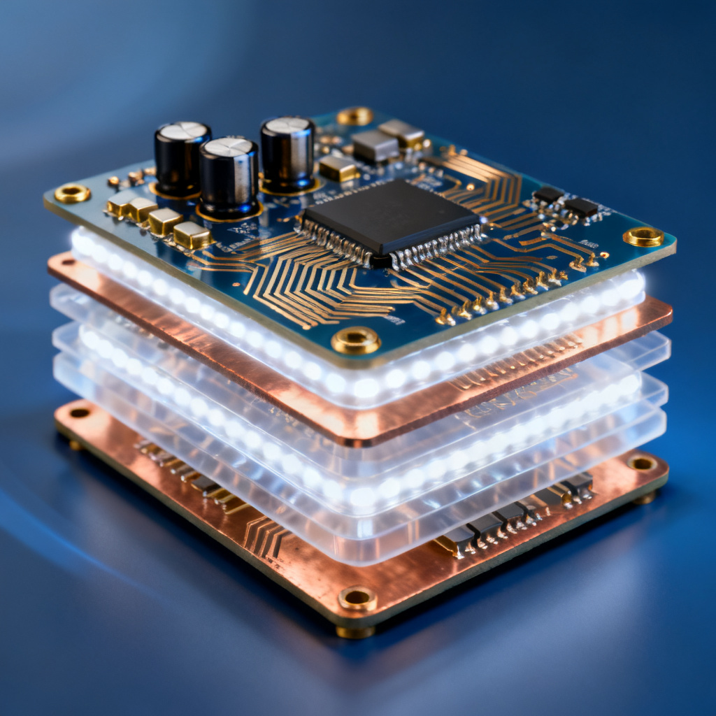 Power Integrity in PCB Design overview showing multilayer board with PDN and decoupling capacitors