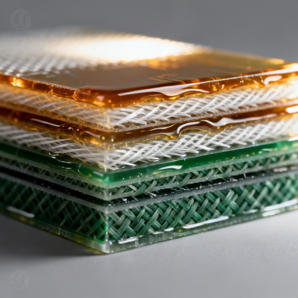 Prepreg and core materials in PCB stackup showing glass weave and resin layers