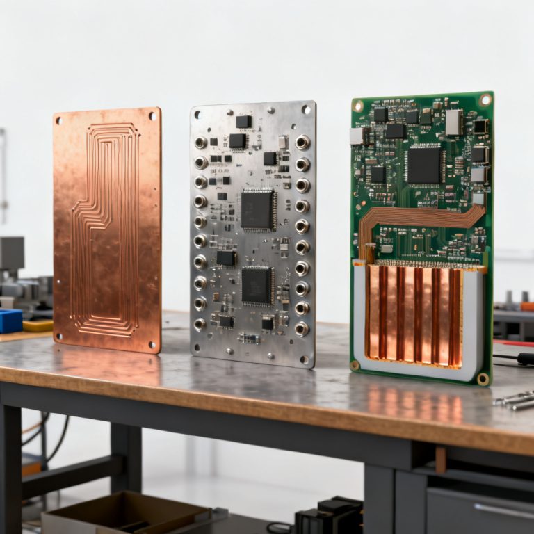 Rigid PCB Guide Single Double Multilayer board stackup diagram displaying single-sided copper traces, double-sided plated through-holes, and multilayer FR-4 laminates